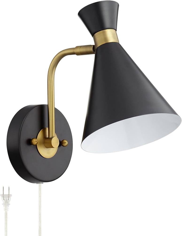 360 Lighting Venice Mid Century Modern Wall Lamp with USB Charging Port Matte Black Brass Metal Plug-in 6 1/4" Fixture Cone Shade for Bedroom Bedside House Reading Living Room Home Hallway | Amazon (US)