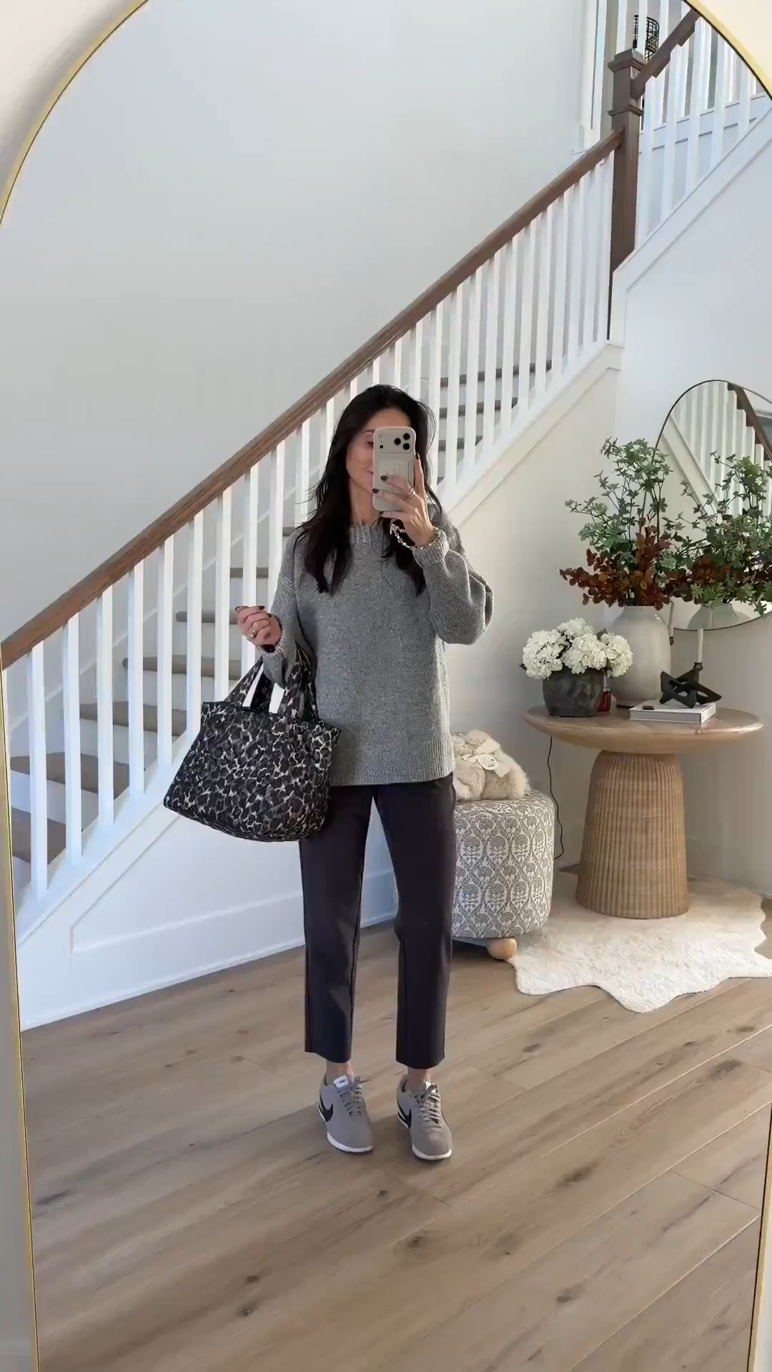 Cozy Athleisure outfit - these pants are so comfortable, it’s like wearing sweatpants . Size up in sneakers 

winter fashion, winter outfit, everyday outfit, gray sweater, leopard print bag, annabrstyle

#LTKOver40 #LTKSeasonal #LTKootd