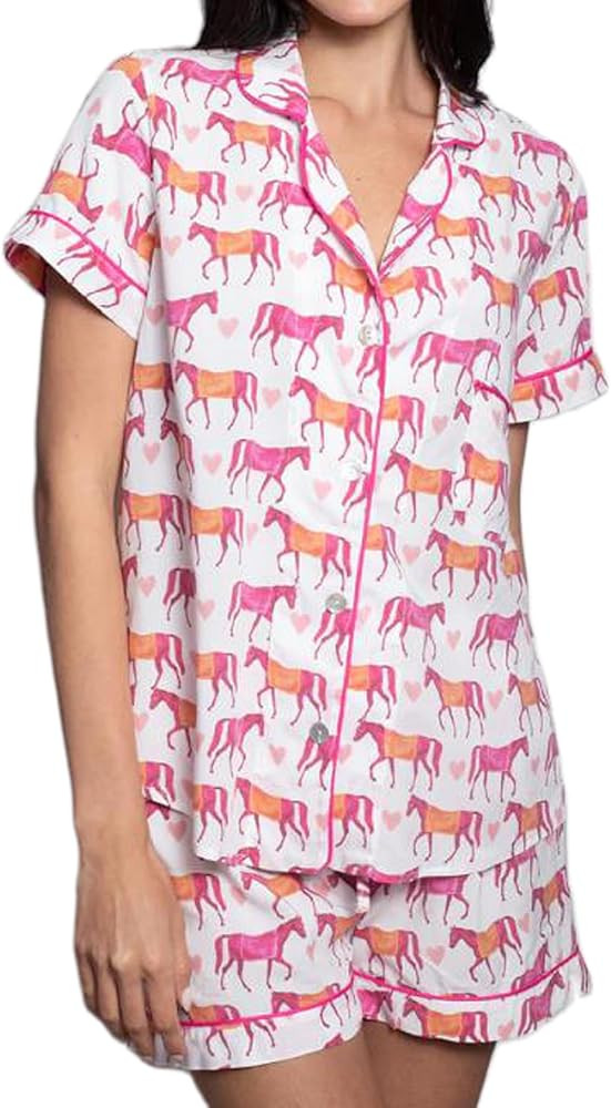 Women Cute Animal Print Pajama Set Short Sleeve Button Down Shirt Lounge Shorts Set Y2k Cartoon 2... | Amazon (US)