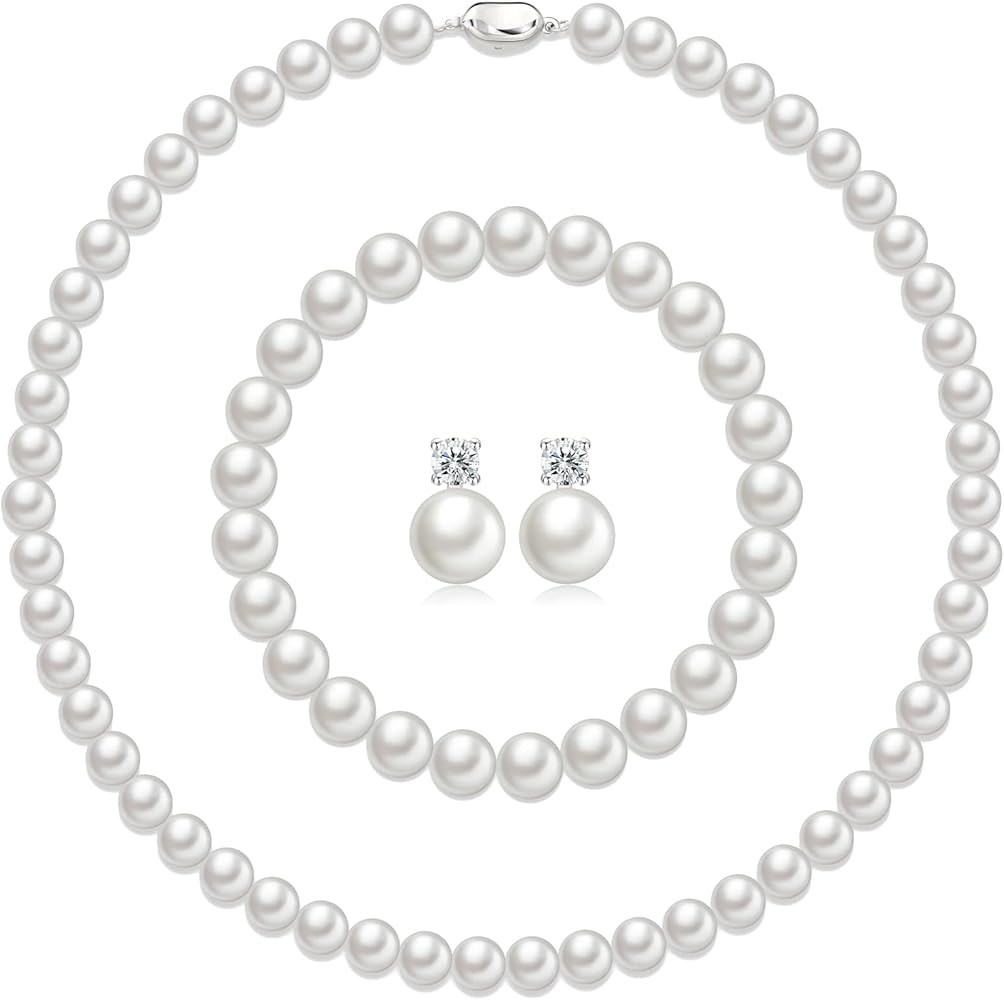 Pearl Necklaces for Women,8mm Pearl Necklace and Earring Bracelet Jewelry Set for Women Men Weddi... | Amazon (US)