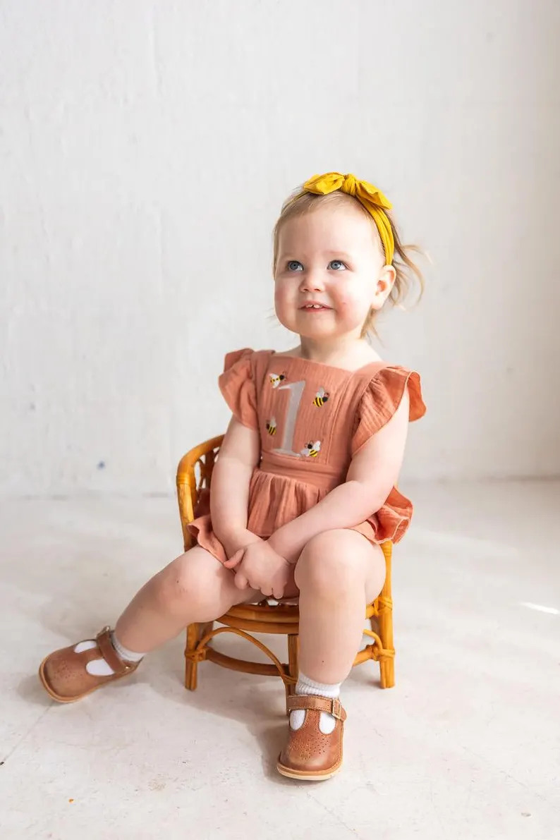 First Bee Day Outfit - Girls First Birthday Romper - Bumble Bee Embroidered Cake Smash Romper - G... | Etsy (US)