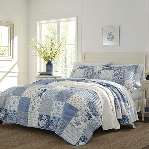 Laura Ashley - Twin Quilt Set, Reversible Cotton Bedding with Matching Sham, Medium-Weight for Year Round Use, Dorm Essentials (Paisley Printed Patchwork Blue) | Amazon (US)
