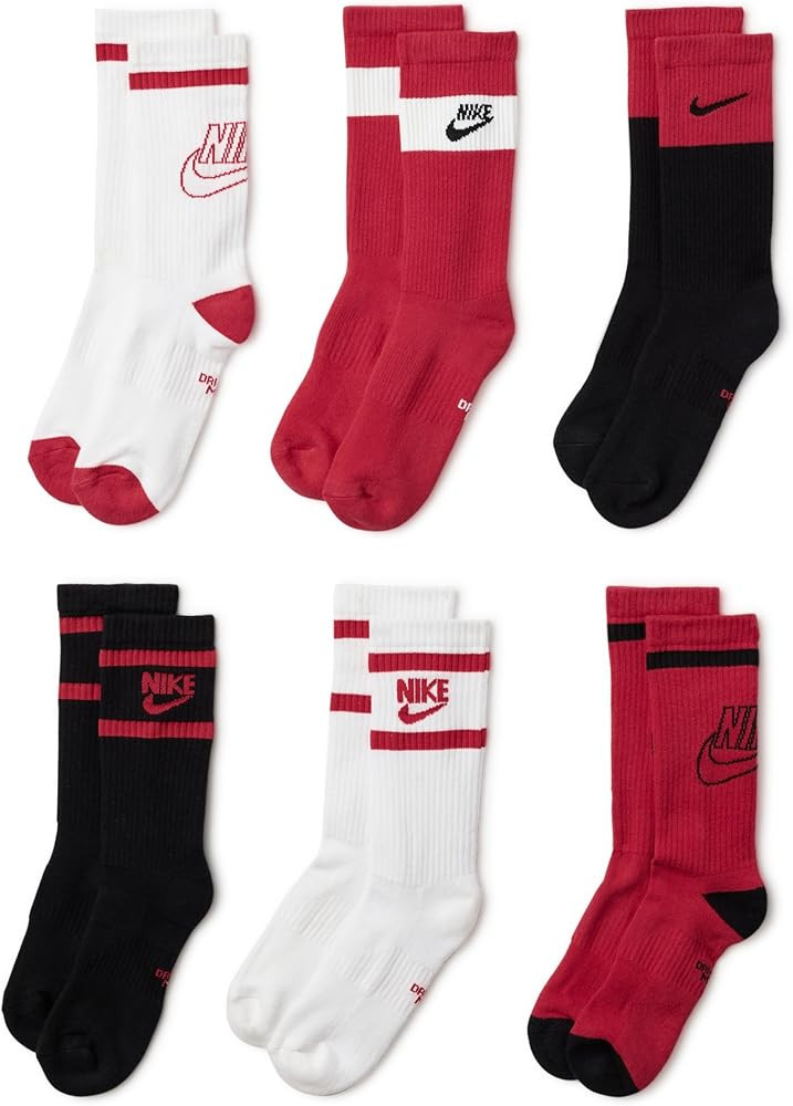 Amazon.com: Nike Unisex Kids Everyday Cushioned Crew Socks (6 Pairs), White/Black/University Red,... | Amazon (US)