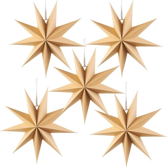 SUNBEAUTY 5 Pcs 9-Pointed Natural Paper Star Lanterns 12 Inch Christmas Hanging Lamp Rustic Paper... | Amazon (US)