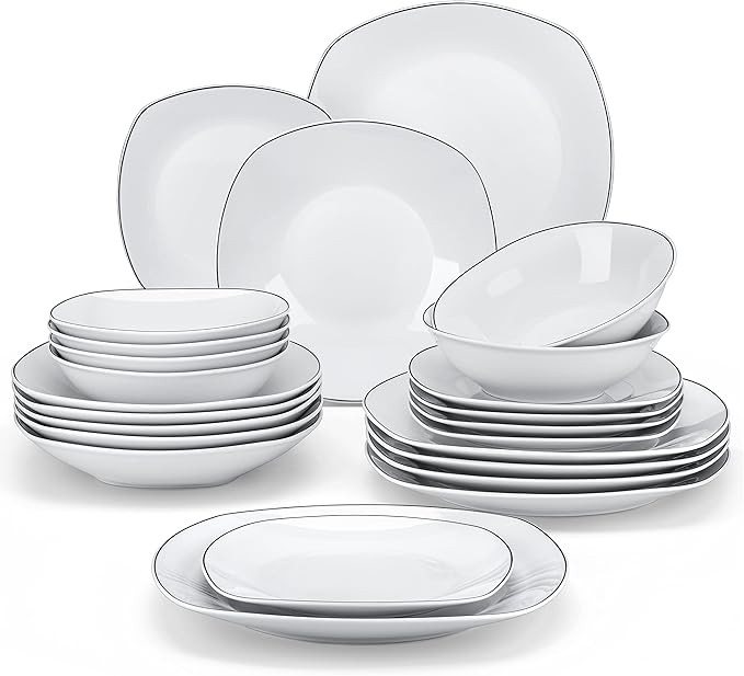 MALACASA Dinnerware Sets, 24-Piece Porcelain Square Dishes - White with Black Rim, Modern Dish Se... | Amazon (US)