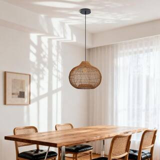 1-Light Warm Natural Handwoven Rattan Pendant Light with Black Iron Frame, Spherical Shade, No Bulbs Included, 20 in. | The Home Depot