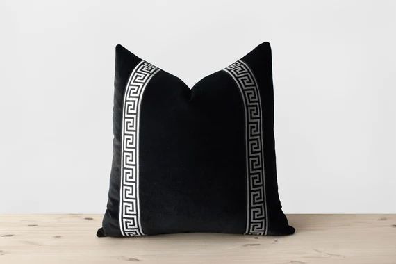 Black and Silver Velvet Pillow Cover Silver Greek Key Applique Silver Trim Cushion Black Bedding ... | Etsy (US)