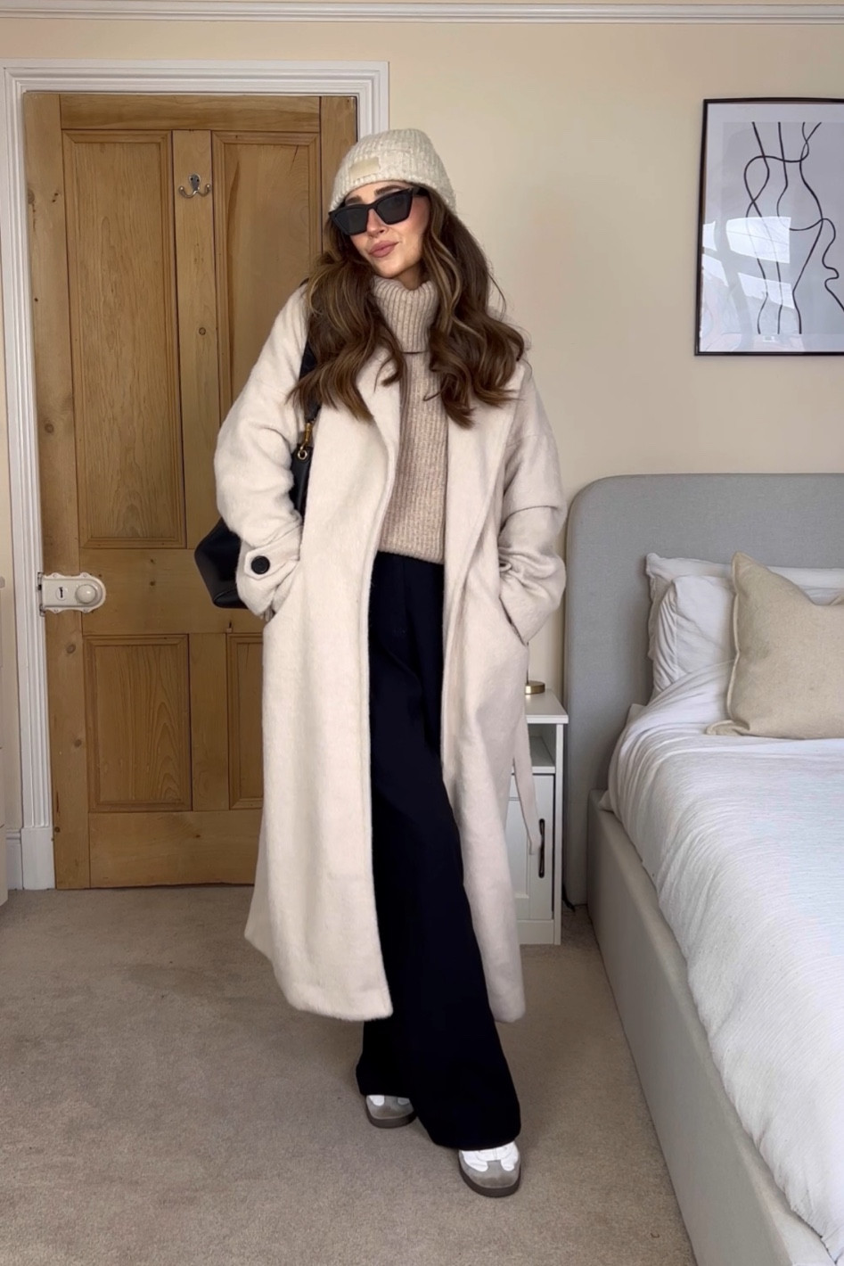 Cosy winter outfit, cream coat, wide leg trousers, beanie hat ✨