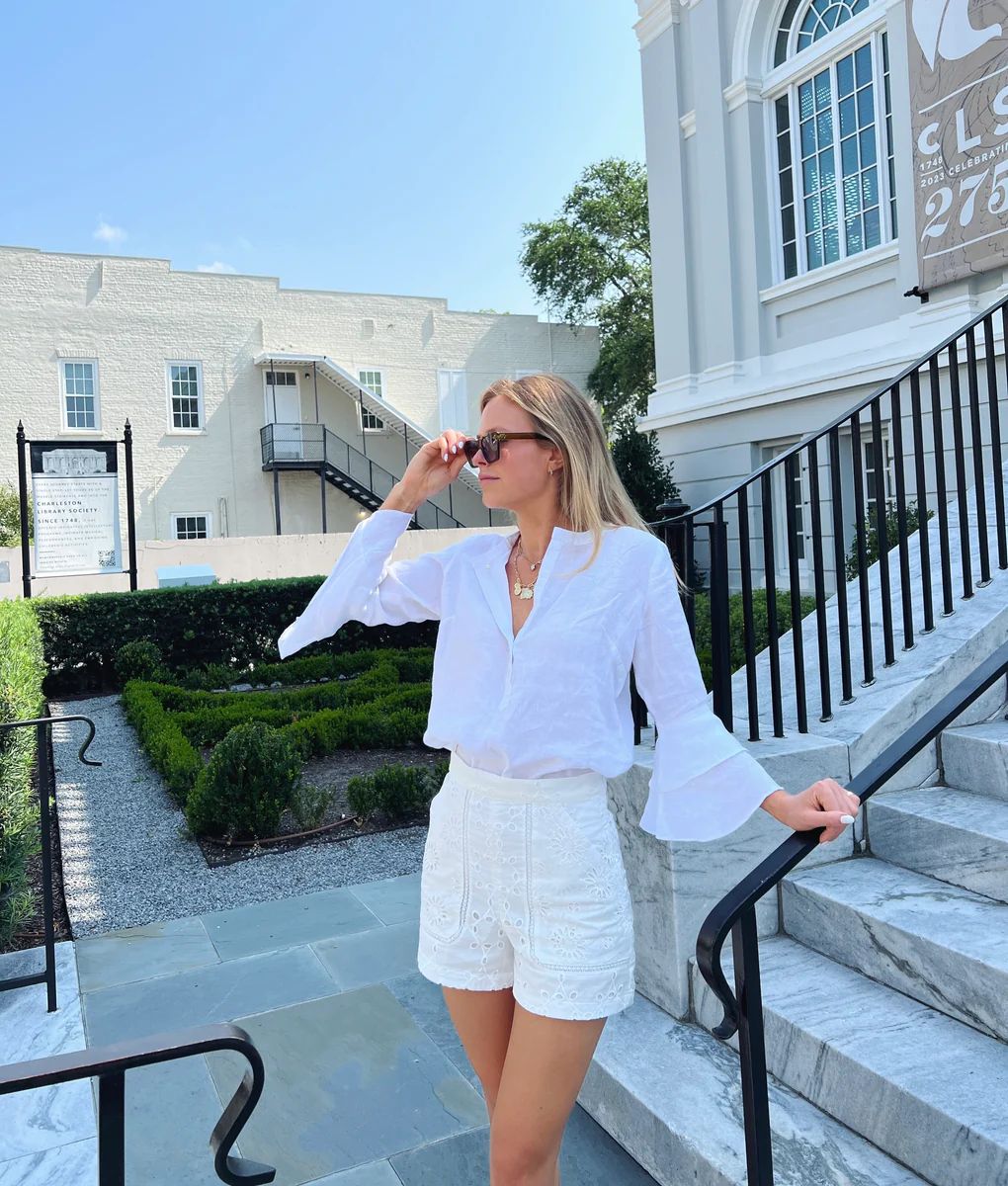 Diane Shirt Ruffle Sleeve White Linen | Madison Mathews