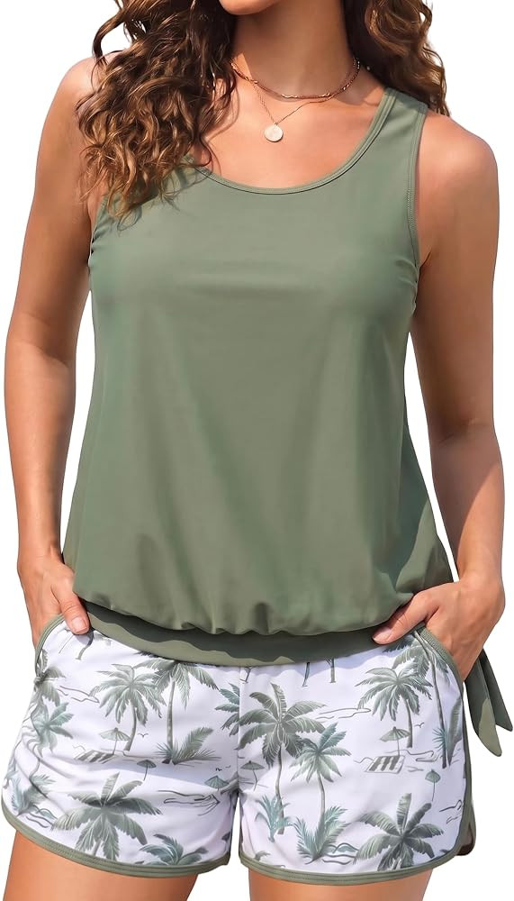 Hilor Women's Tankini Swimsuits Blouson Two Piece Bathing Suits Modest Swimwear Loose Fit Tankini... | Amazon (US)