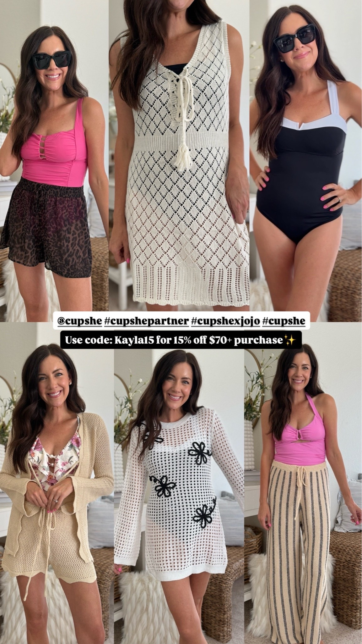 Pack these in your suitcase for flattering, mom life approved summer looks😍
@cupshe tummy control swimsuits & coverups you’ll want to live in this summer! #cupshepartner #cupshexjojo #cupshe 
.
.
Use my code: Kayla15 at checkout for 15% off when you spend $70+ 
.
.
SIZING-
Medium in all swimsuits
Gauzy blue romper-small
Scalloped crochet shorts-small, want medium
Scalloped top-medium
Black + white coverup-medium
Tan dress crochet coverup-medium
Tropical shorts-small
Leopard shorts-small
Black & tan pants-small

#LTKSeasonal