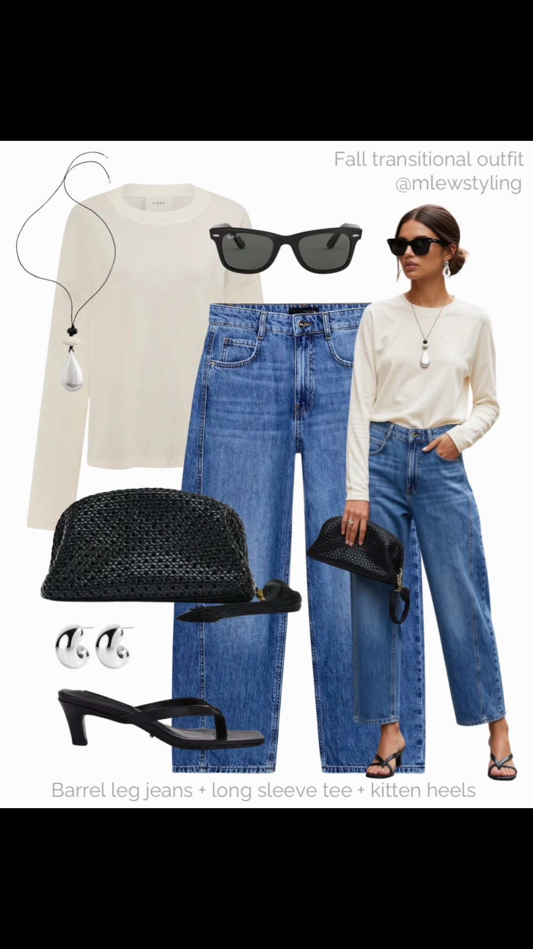 Summer to fall neutral outfit 🤍

Tags: Zara barrel leg jeans, kitten heel sandals, black clutch bag, long sleeve tee, rayban wayfarer sunglasses, pendant necklace, silver hoop earrings, elevated everyday outfit

#LTKjeans #LTKshoes #LTKbag