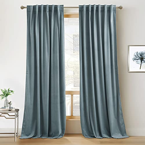 RYB HOME Stone Blue Velvet Curtains 94 inches, Back Tab Soft Fabric Room Darkening Thermal Insulated Luxurious Home Decor Curtains for Living Room Bedroom, W 52" x L 94", 2 Panels Set | Amazon (US)