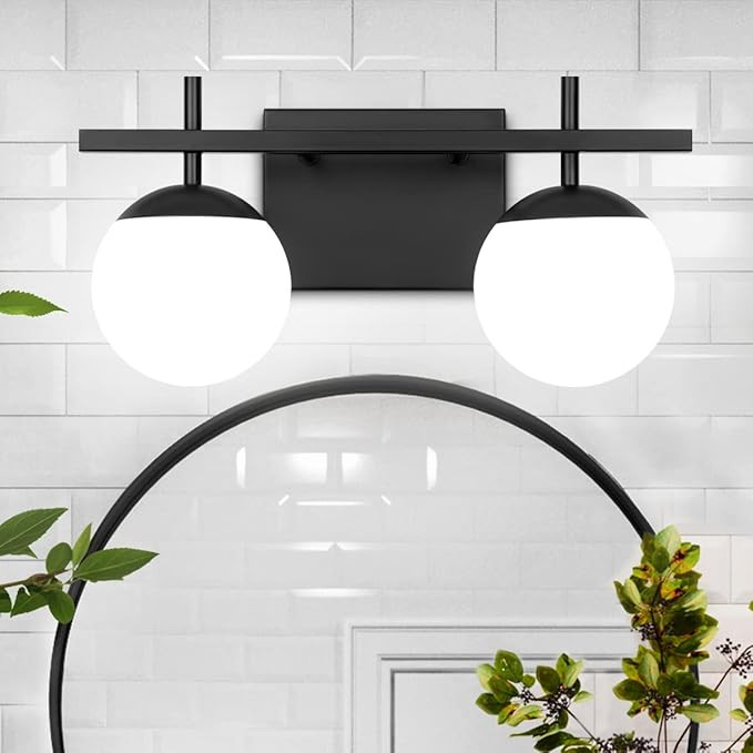 Black Bathroom Light Fixtures Over Mirror, 2-Light Mid Century Modern Bathroom Vanity Light, Glob... | Amazon (US)
