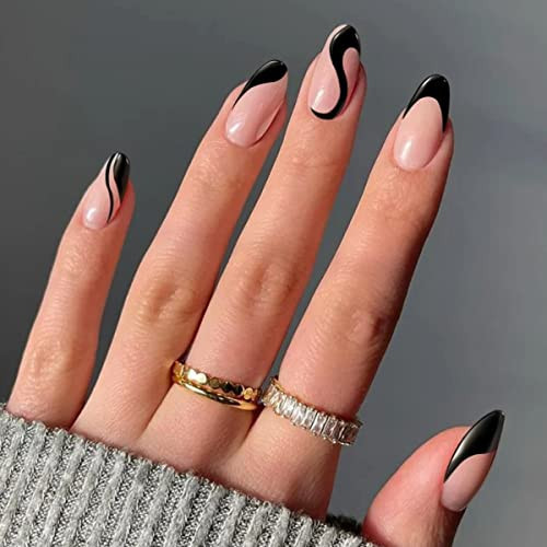 Press on Nails Medium Black French Tip Almond Fake Nails Full Cover False Nails with Black Swirl Designs Glossy Nail Tip Acrylic Nails Artificial Nails for Women Girls 24 Pcs | Amazon (US)