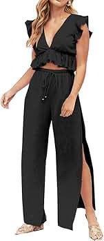 FANCYINN Womens 2 Pieces Outfits Deep V Neck Crop Top Side Slit Drawstring Wide Leg Pants Set Jum... | Amazon (US)