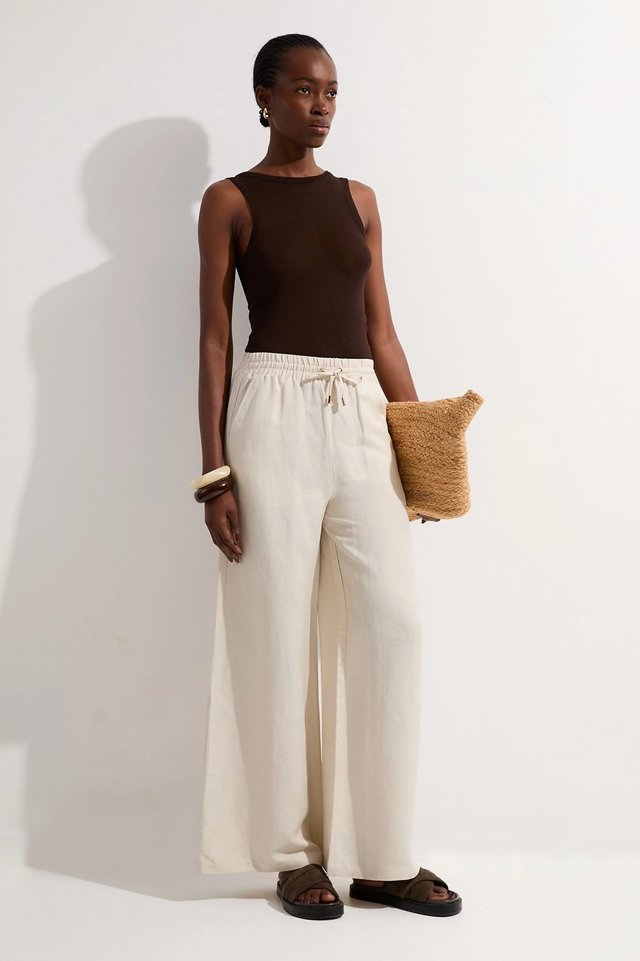 Viscose Linen Tie Waist Woven Trouser | Karen Millen UK + IE + DE + NL