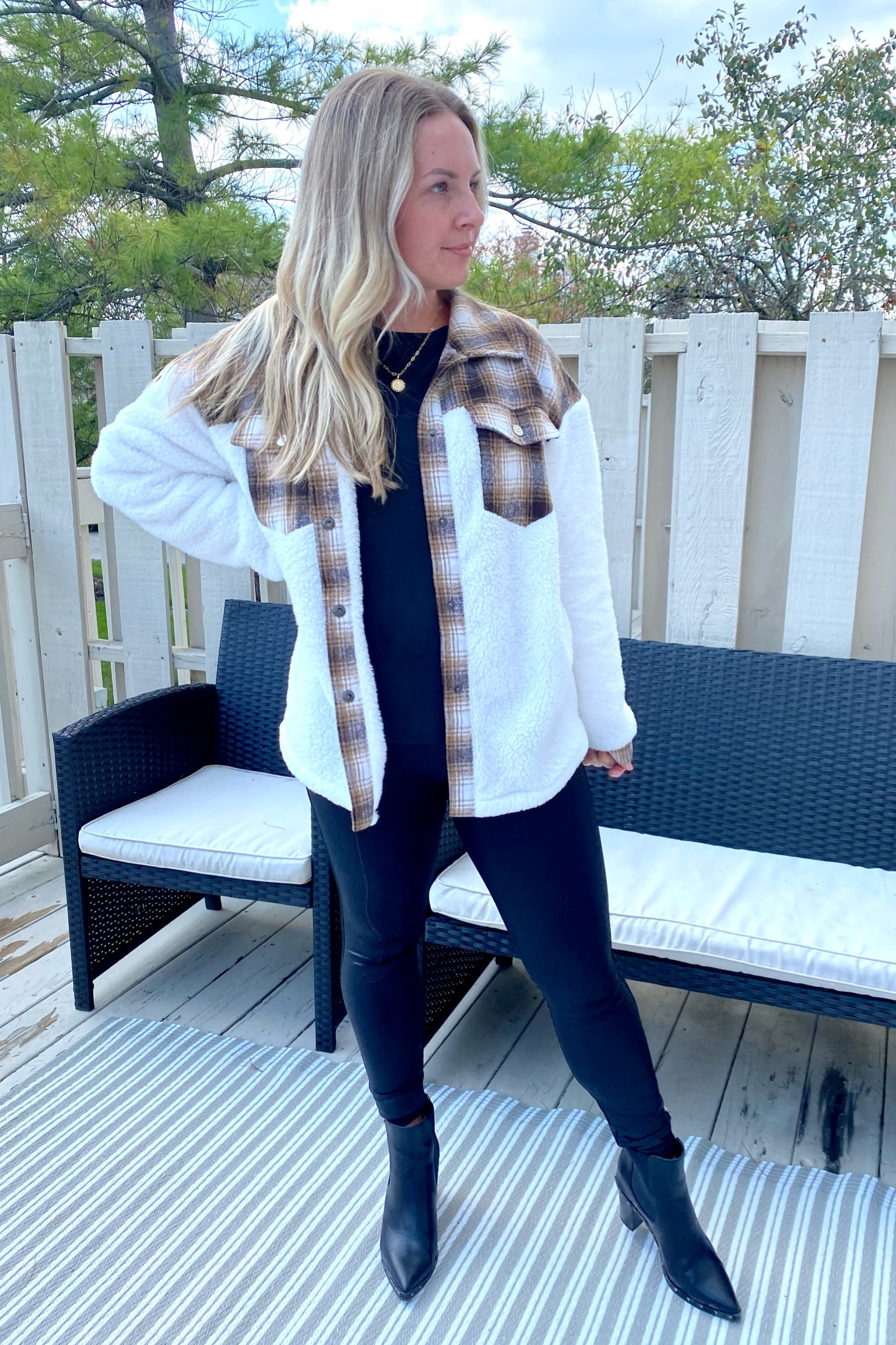 Plaid Sherpa jacket with pockets 
VERY SOFT

Faux leather legging - Spanx dupe 

Chelsea boot - studded boot 

#LTKSeasonal #LTKunder100 #LTKfit