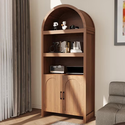 71" Tall Arched Bookcase, 5-Tier Arched Bookshelf with Mid Century Doors, Wooden Storage Cabinet with Open Display Shelves and Adjustable Shelf | Target