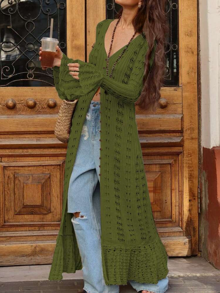 2025 Autumn/Winter New Women's Casual Daily & Holiday Long Sleeve Button Minimalist Elegant Crochet Ruffled Hollow-Out Long Cardigan, Women's Streetwear, Y2K Fashion | SHEIN