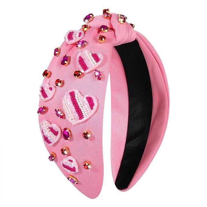 boderier Valentines Day Headband for Women Girls Beaded Pink Heart Headband Jeweled Crystal Embel... | Amazon (US)