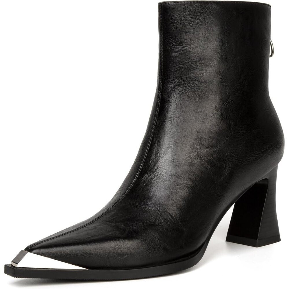 Women Black Metal Leather Side Zipper Chunky Block Heels Comfortable Fall Boots | Poshmark