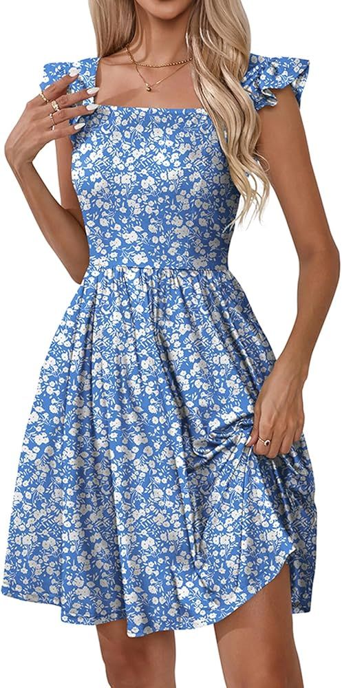 Naggoo Women's Summer Dresses Casual Square Neck Floral Sundress with Pockets A Line Flowy Beach ... | Amazon (US)