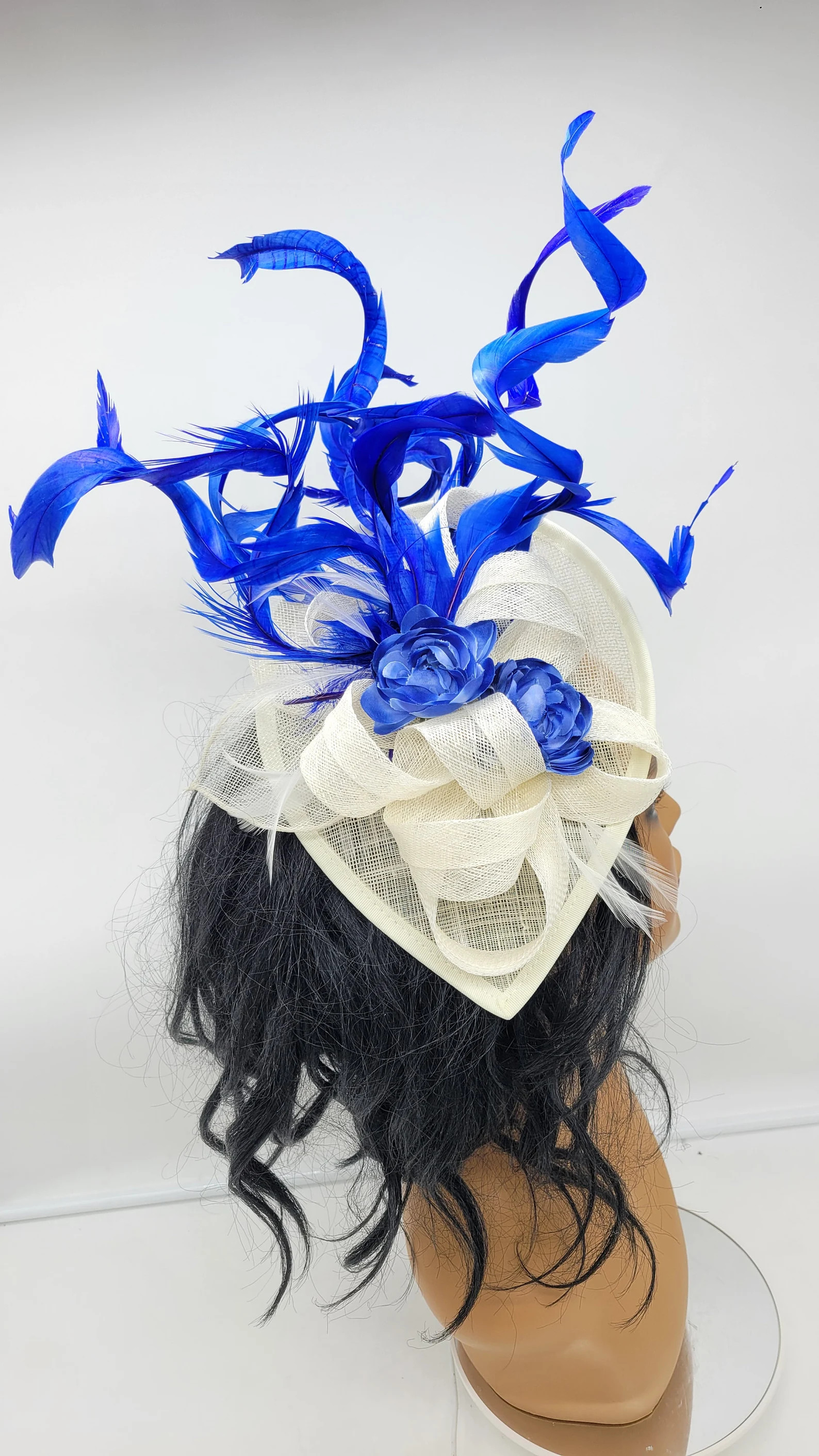 Blue and Ivory Sinamay Kentucky Derby Fascinator: Flowers and Feathers - Etsy | Etsy (US)