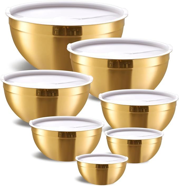 Gold Mixing Bowls with Airtight Lids, Stainless Steel Nesting Mixing Bowls Set of 7, Ideal for Ba... | Amazon (US)