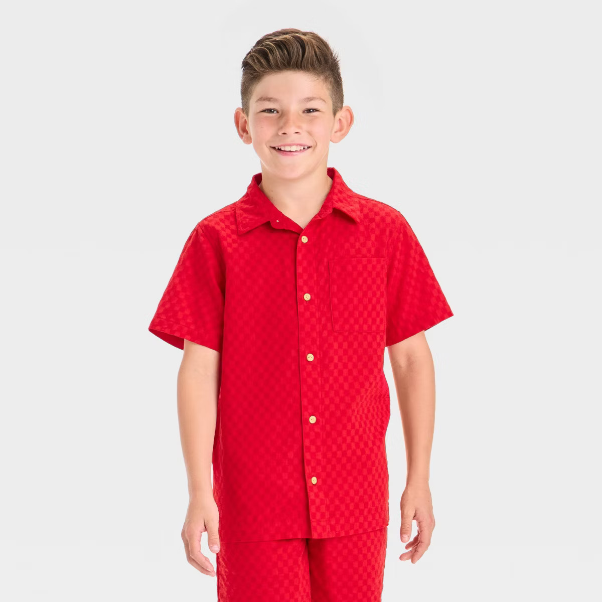 Boys' Short Sleeve 4th of July Gauze Checkerboard Button-Down Shirt - Cat & Jack™ Red | Target