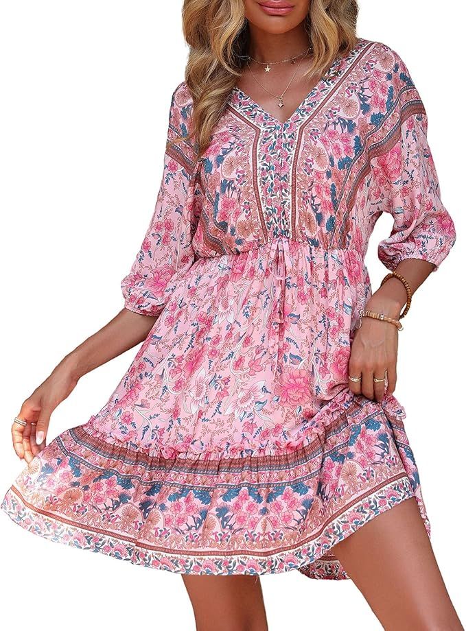 Women's Boho Print Dress Bohemian Vintage Floral Printed Dresses Ethnic Style Beach Dress Long Sl... | Amazon (US)