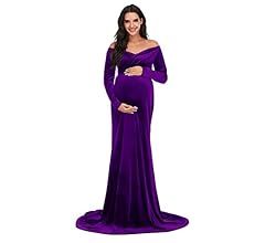 ZIUMUDY Velvet Maternity Off Shoulder Fitted Photography Gown Long Sleeve Maxi Photo Shoot Baby S... | Amazon (US)
