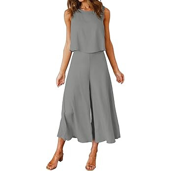 ROYLAMP Women's Summer 2 Piece Outfits Round Neck Crop Basic Top Cropped Wide Leg Pants Set Jumps... | Amazon (US)