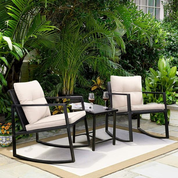 Devoko 3 Pieces Patio Furniture Sets Outdoor Rocking Chair Set PE Rattan Bistro Outdoor Rocker Co... | Walmart (US)