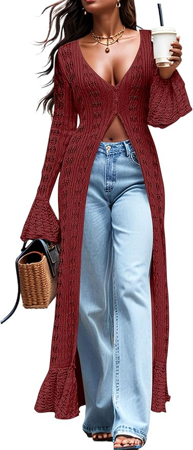 Maxi Long Cardigan Sweaters for Women Lightweight Crochet Bell Long Sleeve Ruffle Summer Beach Co... | Amazon (US)