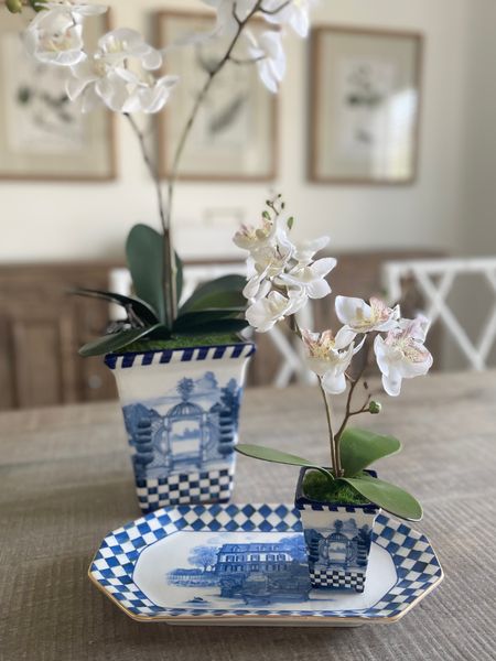 MacKenzie-Childs toile tray. Small serving tray. Decorative blue and white tray. Small faux orchid large faux orchid. Home decor. Bookshelf decor. 

#LTKhome