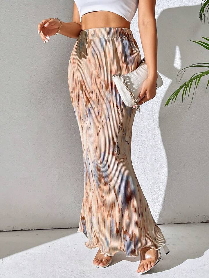 SHEIN Privé Spring And Summer Casual Pleated Elastic Waist Fish Tail Hem Long Skirt With Random ... | SHEIN