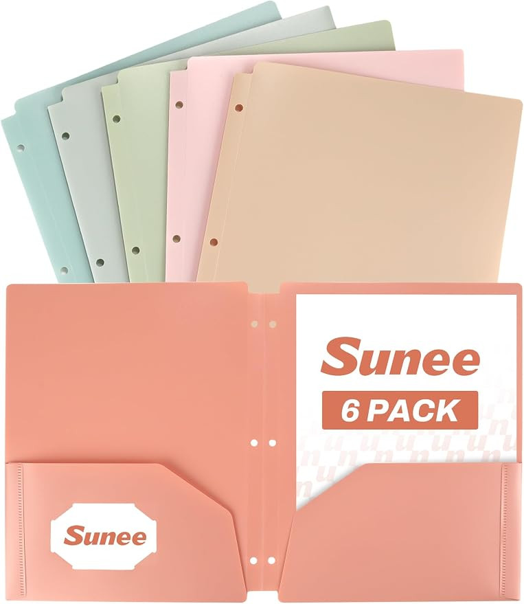 SUNEE 3 Hole Folders with Pockets (6 Pack, Vintage Colors) Plastic Folders for 3 Ring Binder, Hea... | Amazon (US)