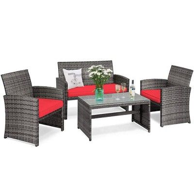 Costway 4PCS Patio Rattan Furniture Set Conversation Glass Table Top Cushioned Turquoise\Red | Target