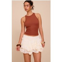 Cream Ruched Textured Low Rise Mini Skirt | PrettyLittleThing US