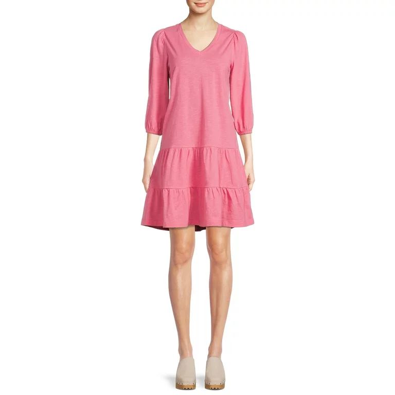 Time and Tru Women's Long Sleeve  Slub V Neck Tiered Knit Dress | Walmart (US)