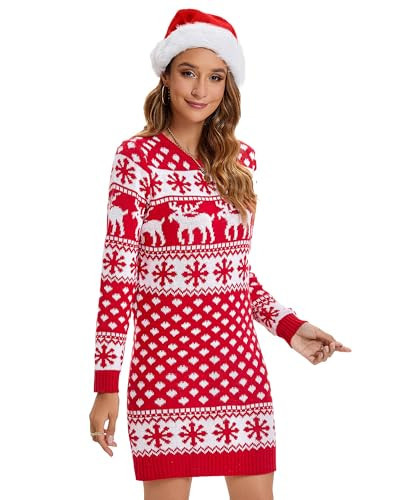 Fourluoo Christmas Sweater Dress Set Women Long Sleeve Sweater Dress Adult Santa Hat Xmas Knit for Party Gift(L,Reindeer Snowflake Red) | Amazon (US)