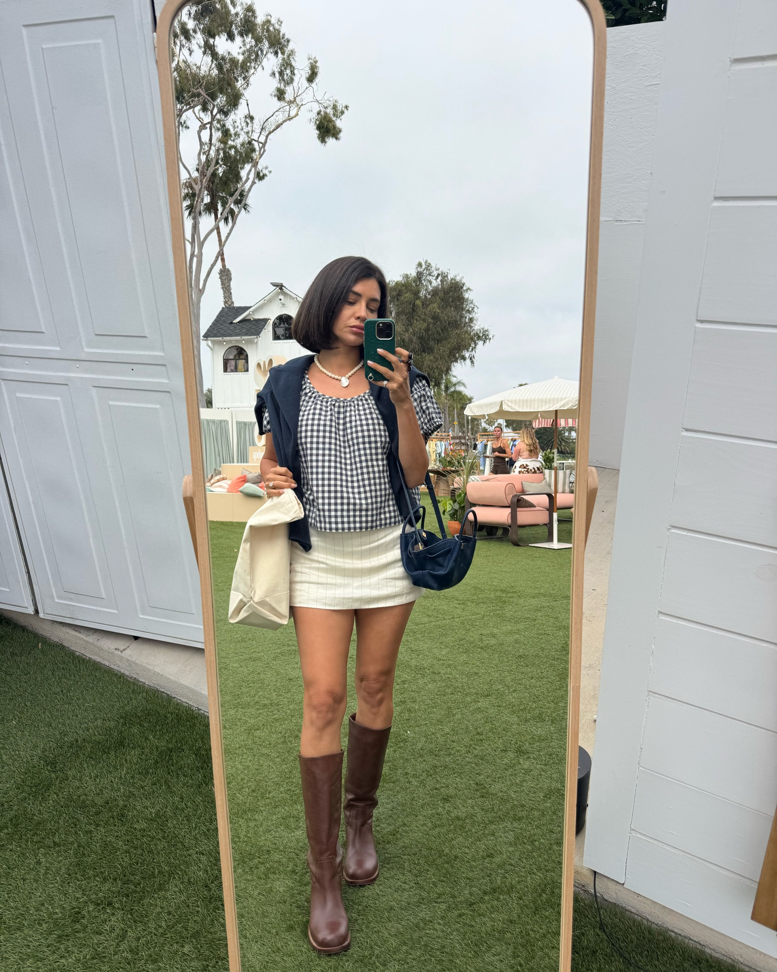 Coastal Chic & easy to wear and comfortable. A Neutral Linen Pinstripe Skort with a Navy Gingham Crop. Brown Leather flat boots with a navy cardigan over the shoulders. I wore this to a Shopbop Pop-Up, took my 3 kids to a graduation party, then food blogging for dinner at a new Smash Burger spot! Love how versatile and stylish this outfit is!

#LTKdayinmylife #LTKootd #LTKmomlife