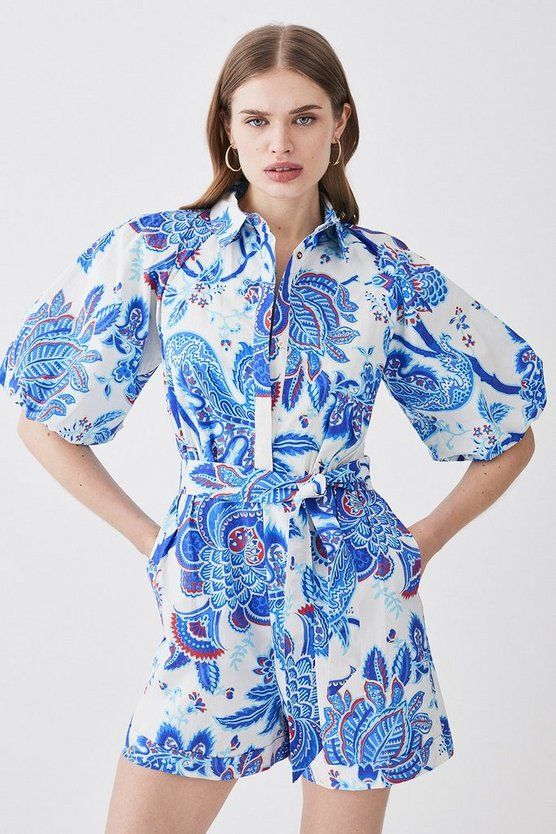 Petite Batik Floral Cotton Belted Romper | Karen Millen US