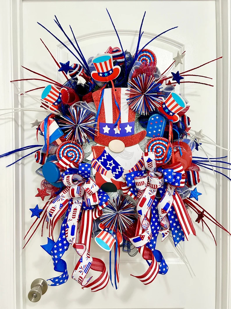 4th of July Wreath, Patriotic Wreath, Fourth of July Door Decor, Gnome Wreath, Patriotic Gnome Wr... | Etsy (Global)