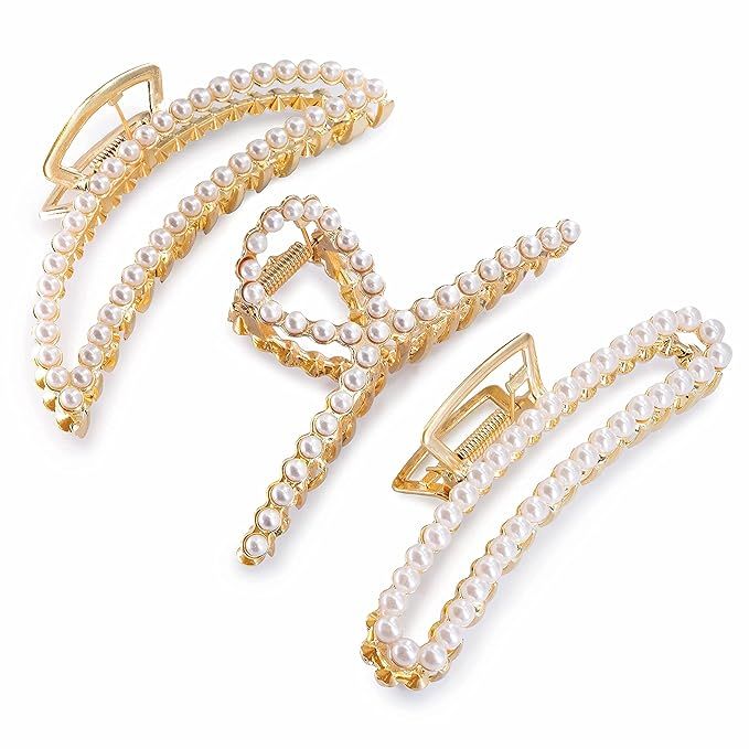 Large Pearl Claw Hair Clips for Women and Girls,4.5 inch Zinc Alloy Big Banana Hair Claw for Thic... | Amazon (US)