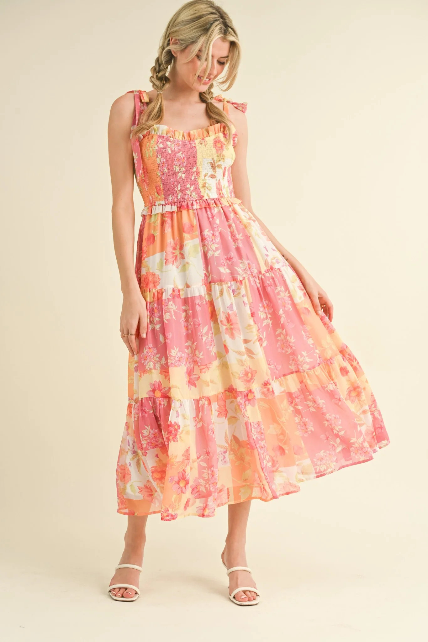 Ivory Floral Smocked Tiered Midi Dress | PinkBlush Maternity