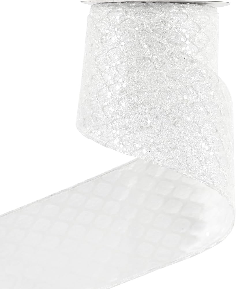 HUIHUANG Glitter White Christmas Wired Ribbon 4 inch x 10 Yards | Amazon (US)