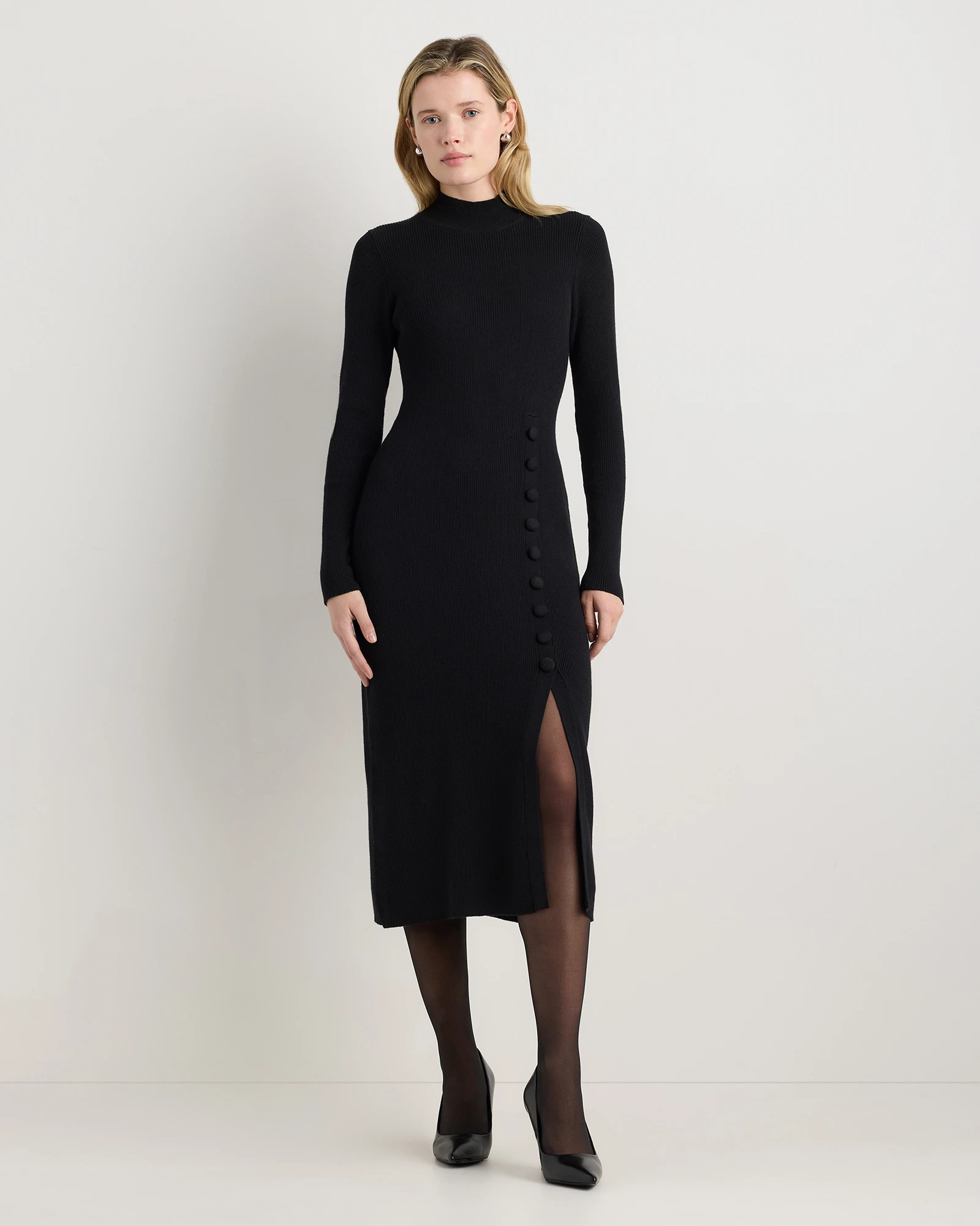 Quince | Women's Cotton Cashmere Side Slit Midi Dress in Olive, Size Large | Quince