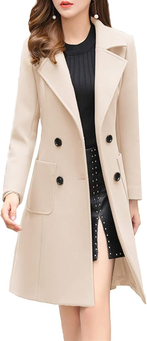 Bankeng Women Winter Wool Blend Camel Mid-Long Coat Notch Double-Breasted Lapel Jacket Outwear | Amazon (US)